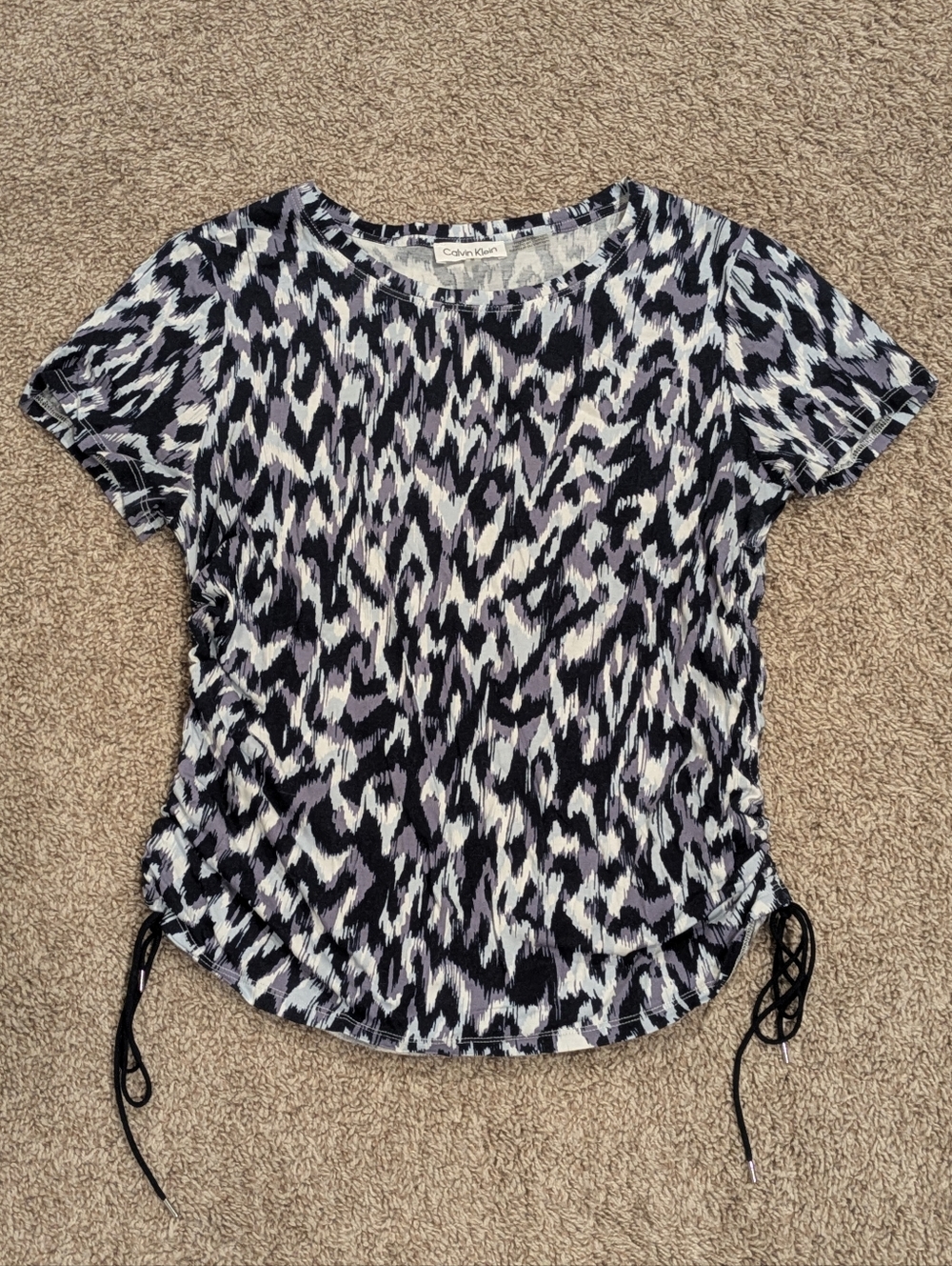 Calvin Klein Abstract Ikat Ruched Side Drawstring Top - Size Medium